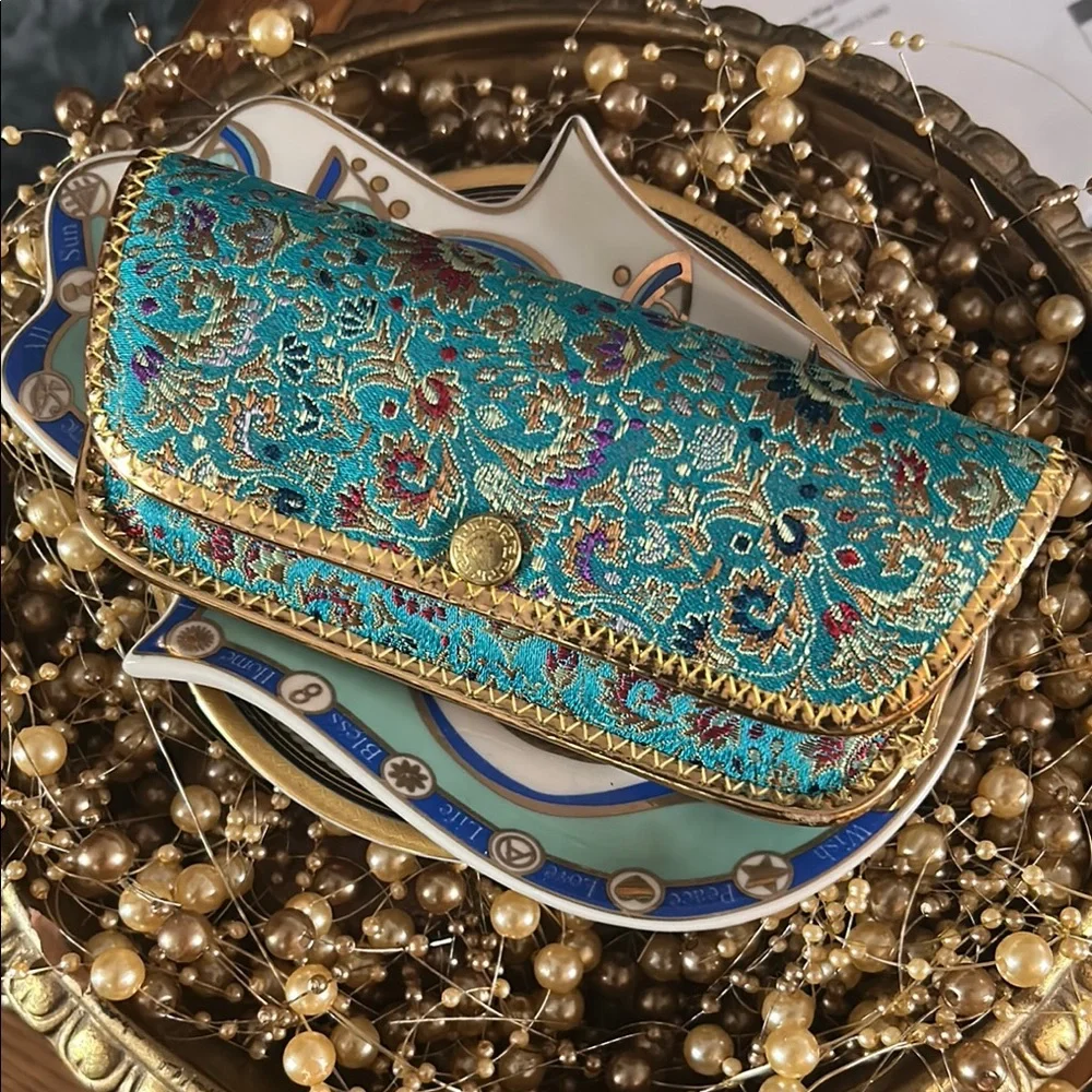 Vintage Turquoise Blue and Gold Paisley Eyeglass Case